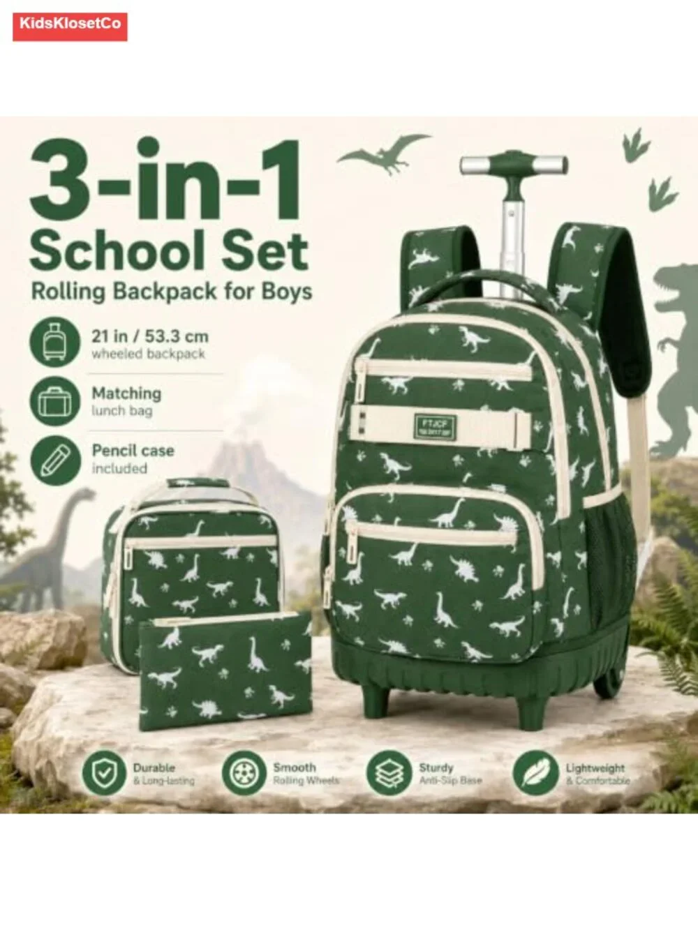 3-Piece Rolling Backpack Boys Kids with Wheels 19 Inch Dinosaur Travel Bookbag
